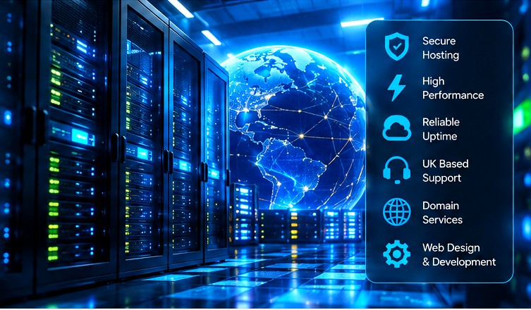 Modern data-centre server racks representing web hosting infrastructure